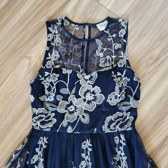 Beige by ECI Embroidered Tulle Illusion Midi Dress in Black Navy - Picture 5 of 13